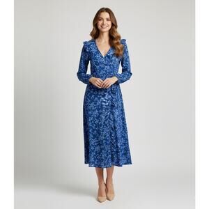 Draper James RSVP Dress Blue Ditsy Floral Wrap Belted Bohemian Cottagecore L